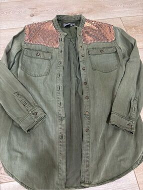 Anthropologie Olive Green Shirt with Copper Sequin Accents
